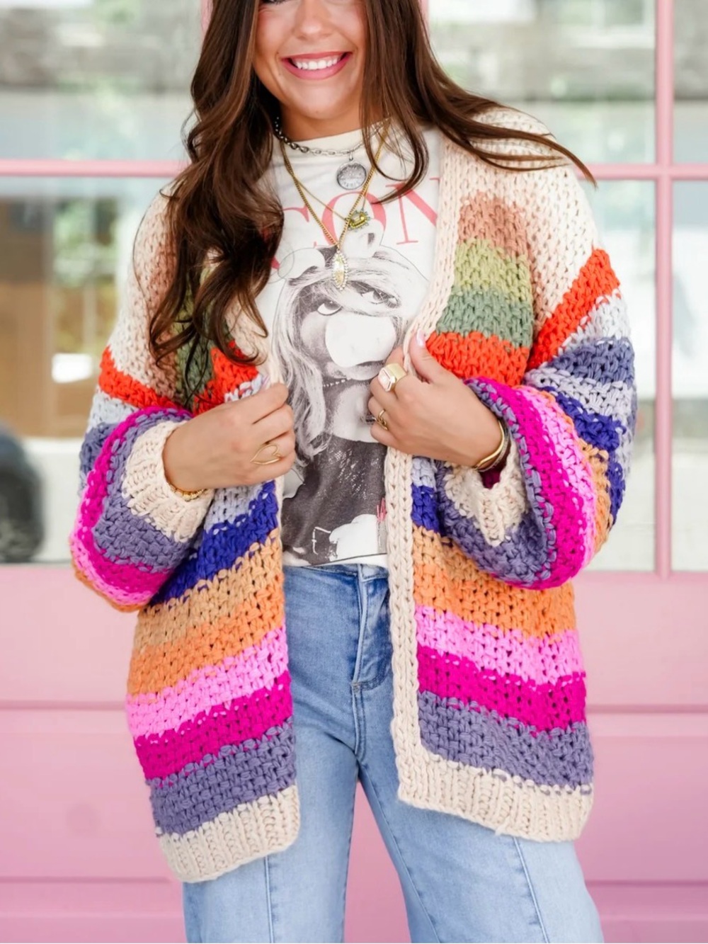 Three Bird Nest Chunky Striped Cardigan in Cream with Pink, Purple & Orange